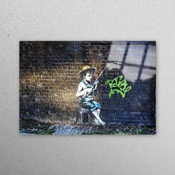 mural art, wall decor, glass art, banksy fishing boy, banksy graffiti glass art, painting glass wall art, fishing banksy