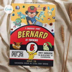 pokemon invitation, pika editable invitation, canva personalized printable and instant download