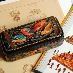 Winter Beauty: Hand-Painted Bullfinches in Falling Snow Lacquer Box