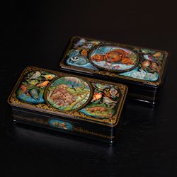 Two Wildlife lacquer boxes winter and summer home decor handmade gift