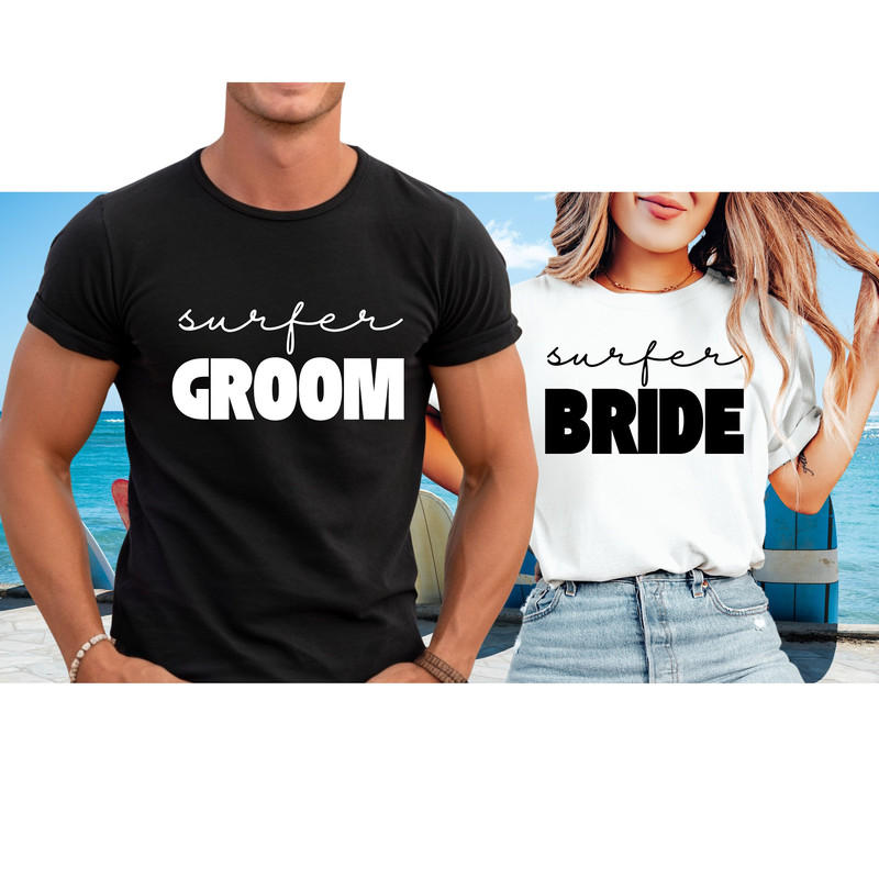 Surfer Bride and Groom Shirts, Surfer Couple Beach Wedding Shirts, Surfer Bride and Groom Matching Shirts, Surfer Couple Wedding Attire.jpg