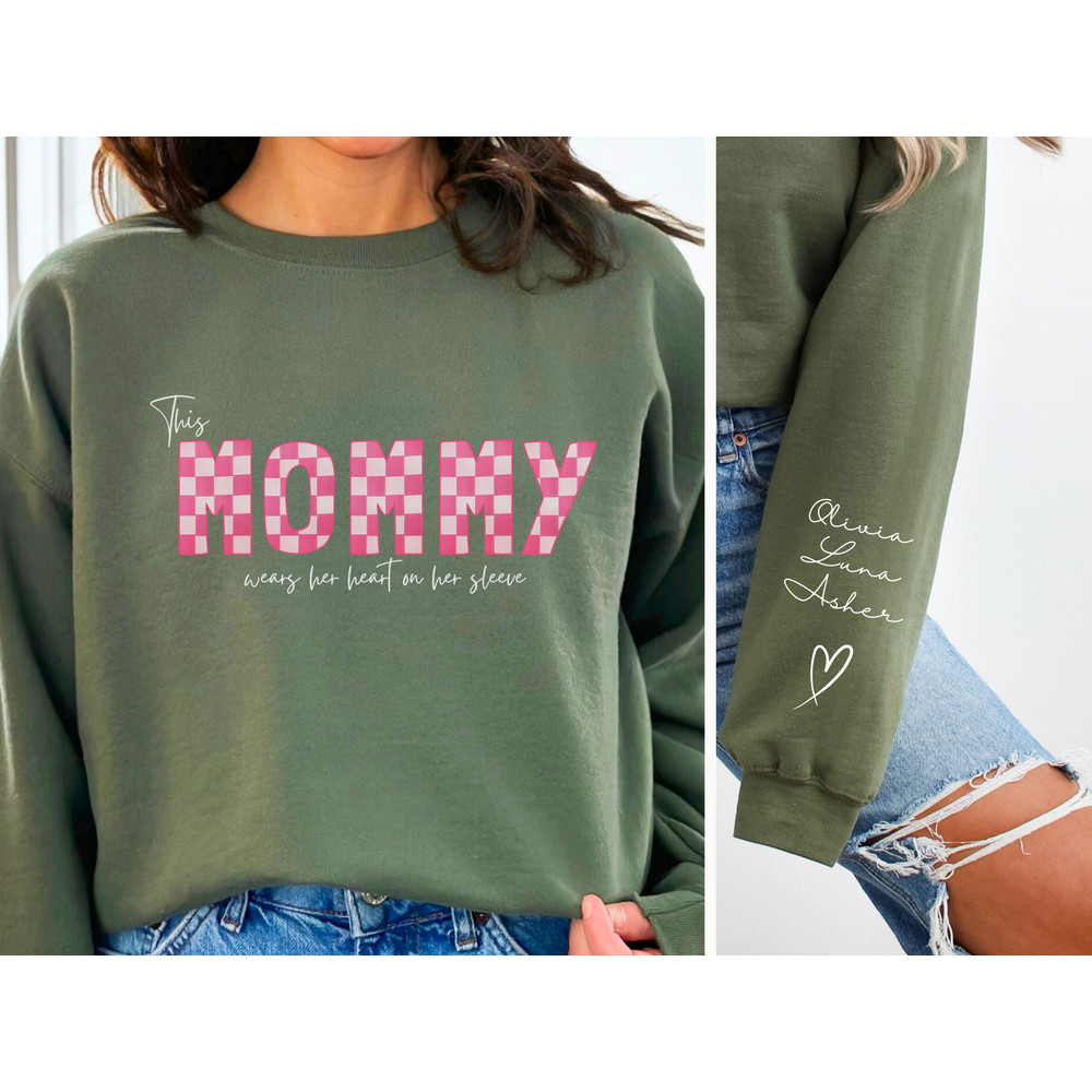 Personalized Mom Floral Sweatshirt with Kids Name on Sleeve, I Wear My Hear On My Sleeve Mothers Day Custom Sweatshirt, Mothers Day Gift Mom.jpg