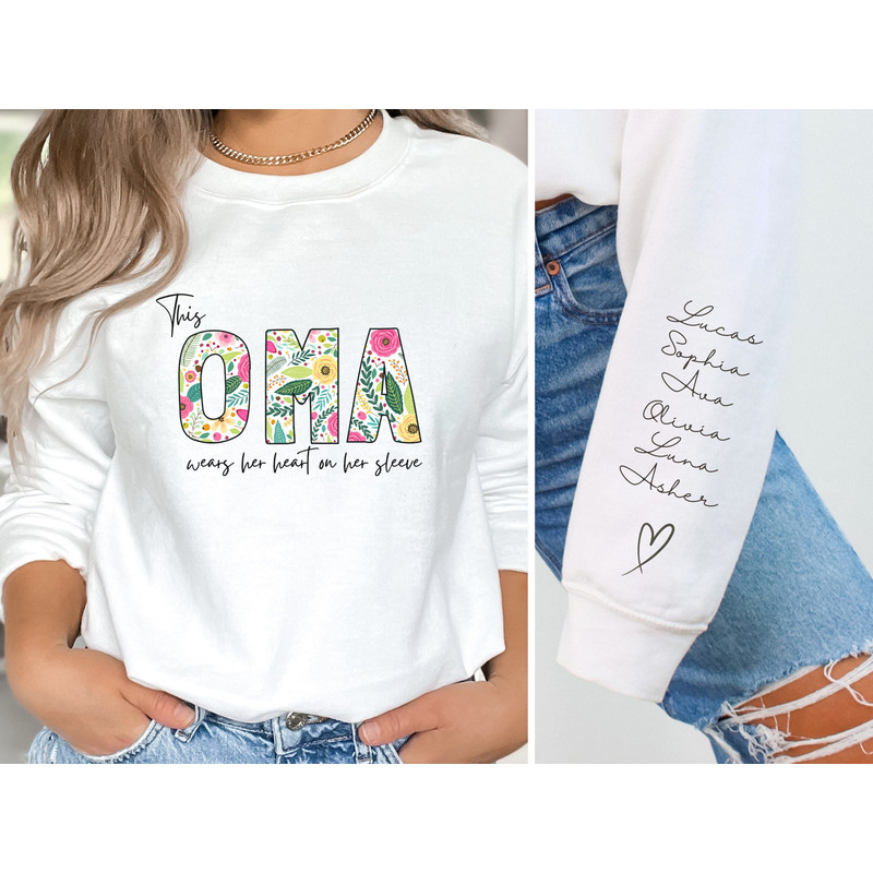 Personalized Oma Sweatshirt with GrandKids Name, I Wears My Heart On My Sleeve Sweater, Custom Mothers Day Floral Gifts for Oma Geschenk,.jpg