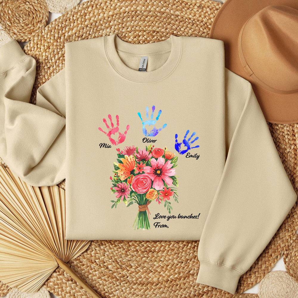 Custom Mom Sweatshirt, Handprint Kids Sweatshirt, Mothers Day Sweatshirt, Mom Birthday Gift, Custom Name Hoodie, Flower Handprint Mom Hoodie.jpg