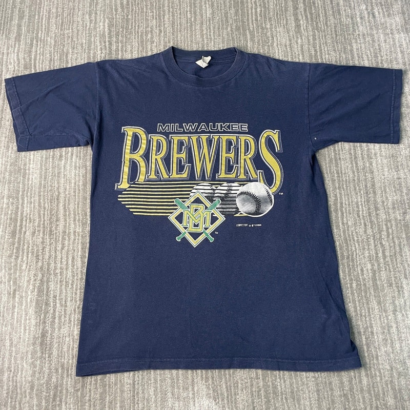 Vintage 90s Milwaukee Brewers MLB Baseball Sportswear Athletic 1990s Fashion Gift For Dad Navy Graphic T Shirt Large Mens Z18.jpg