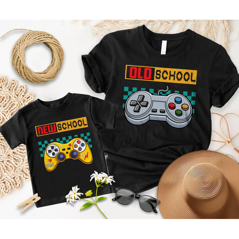 Old School T-Shirt, New School Onesie, Matching Father Baby Tees, Dad And Son Gamer Shirt, New Father Gifts, Funny Video Game Daughter Son.jpg