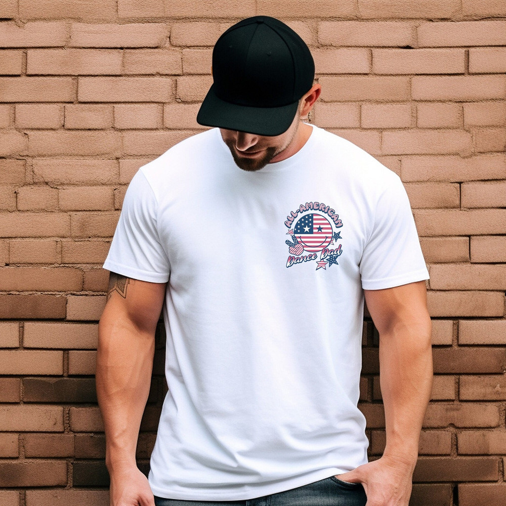 All-American Dance Dad Smiley Face Shirt, Retro Competitive Dance Dad Tee, American Flag Competition Dance Dad Unisex Short Sleeve Tee.jpg
