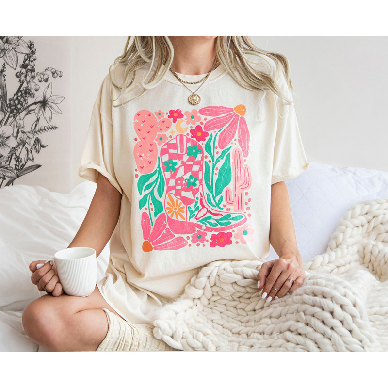 Boho cowgirl boot and flowers Shirt, Retro flower Shirt, Retro western Shirt, Boho western Shirt, Floral Shirt, Boho floral Shirt..jpg