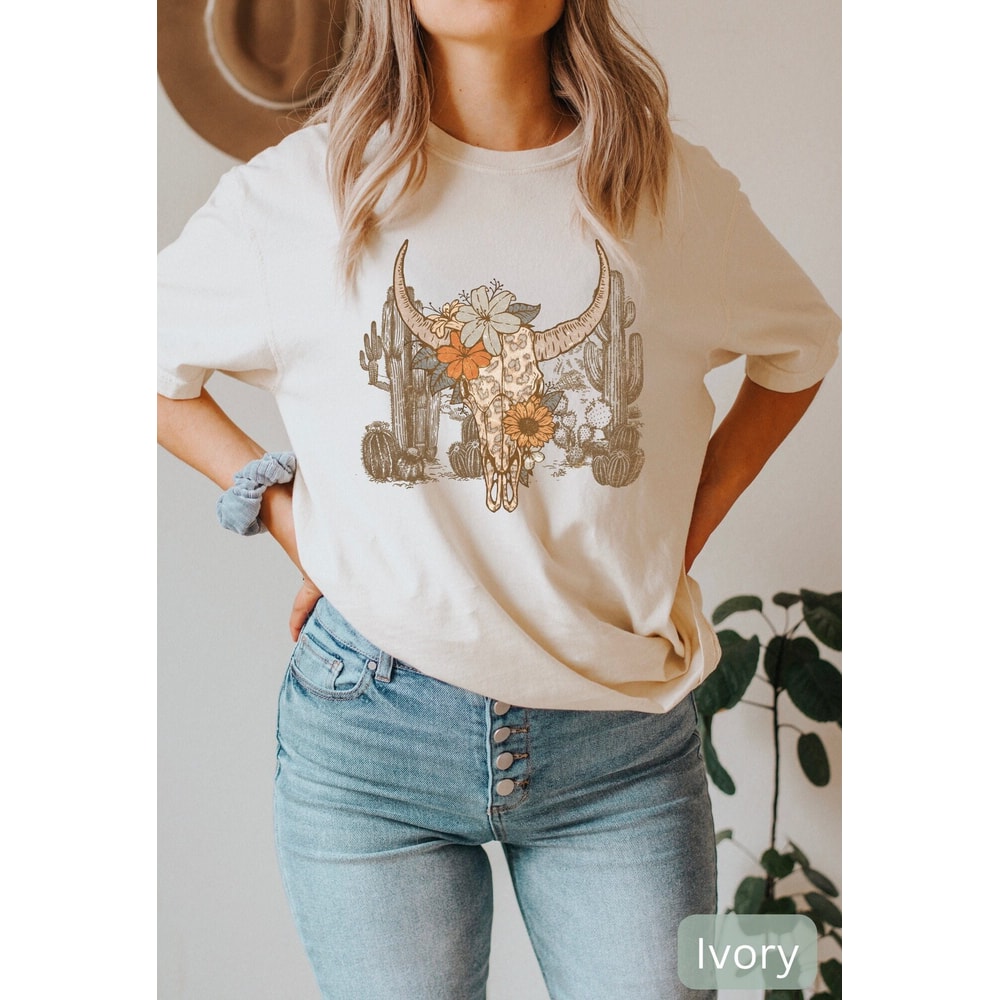 Boho Cow Skull Shirt Floral Cow Skull Shirt Western Style Shirt Country Concert Tee Country Shirt California Cowgirl.jpg