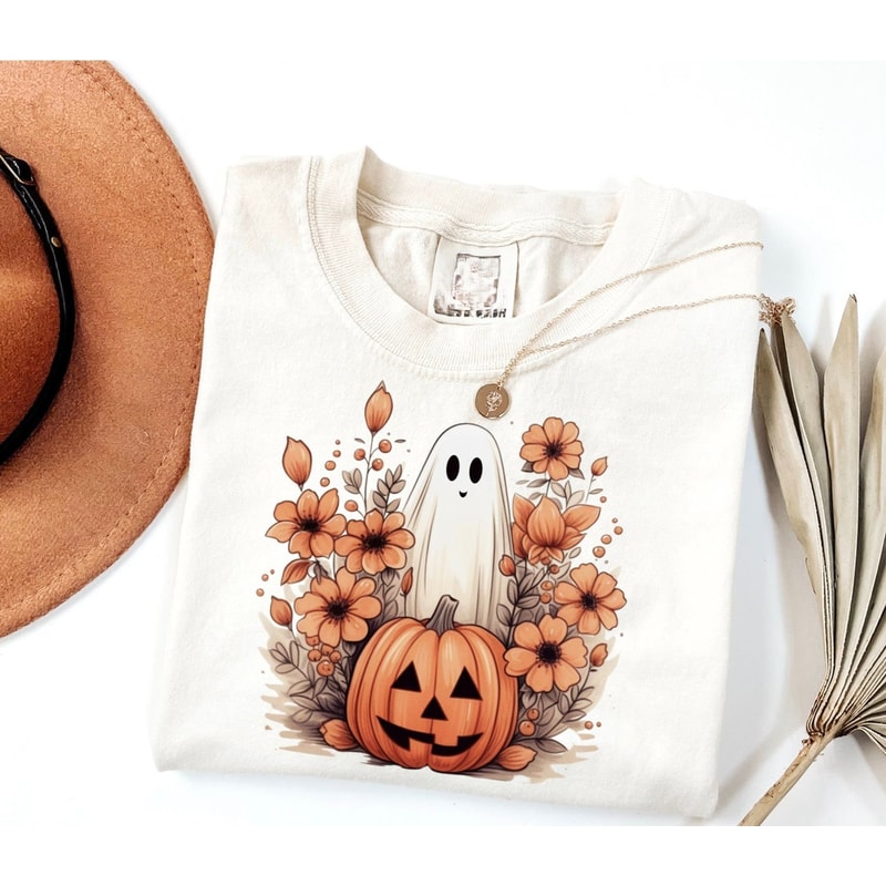 Cute Pumpkin Ghost Halloween Shirt - Women's Girly Fall shirt, Oversized Pumpkin Patch Tee, Comfort Color Halloween Top.jpg