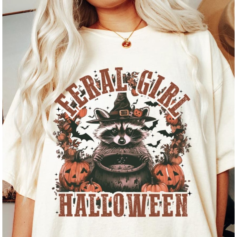 Feral Girl Halloween Raccoon Shirt - Funny Meme Tee, Cute Sarcastic Top, Weirdcore Shirt, Halloween Graphic Tee for Women, Trendy Fall Shirt.jpg