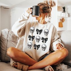 coquette bow skeleton halloween sweatshirt, gothic sweater, party shirt, womens tee, halloween gift, girly halloween to