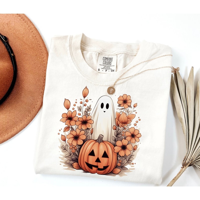 Cute Pumpkin Ghost Halloween Shirt - Women's Girly Fall shirt, Oversized Pumpkin Patch Tee, Comfort Color Halloween Top.jpg