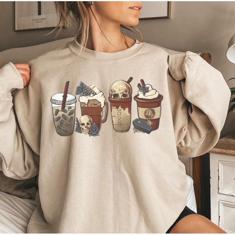 Fall Coffee Shirt, Cute Halloween Sweatshirt, Coffee Lover tee Shirt, Halloween Skeleton Latte Drink Cup, Goth Skeleton Shirt, Halloween Tee.jpg