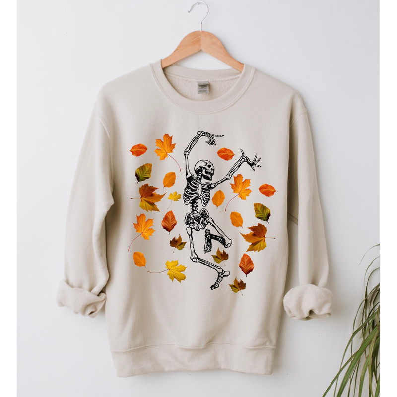 Fall Leaves Dancing Skeleton Shirt, Happy Halloween T-shirt, Halloween Tee sweatshirt, halloween costume shirt, women's halloween shirt gift.jpg