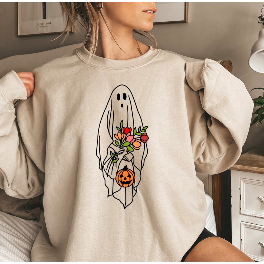 Halloween Ghost Shirt, Halloween Party Shirt, Floral Ghost Shirt, Autumn Shirt, Trick or Treat Shirt, Cute Ghost, Halloween Pumpkin Gift.jpg