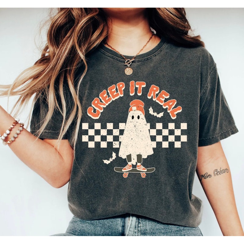 Halloween T-shirt for women, Creep it Real Shirt, cute Ghost Shirt, Trendy Retro Fall Shirt, women fall graphic tee, halloween party gift.jpg