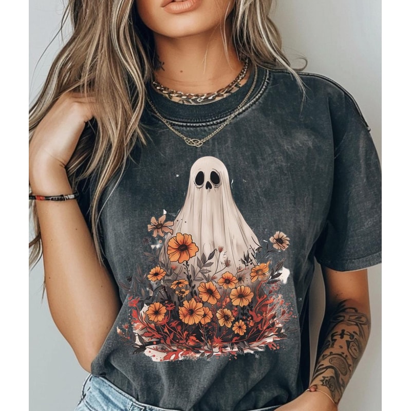 Vintage Floral Ghost Halloween Shirt - Retro Ghost Tee, Cute Flower Fall Shirt, Trendy Halloween Top, Women's Autumn Gift, Girly Halloween.jpg