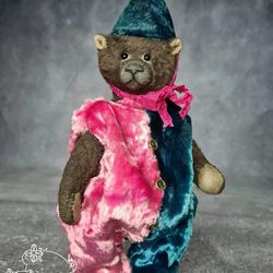 Harlequin bear. Artist teddy bear. Handmade bear. Collectible bear gift.