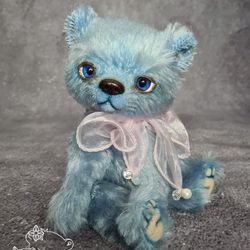 Blue teddy bear. Mohair bear toy. Artist teddy bear.