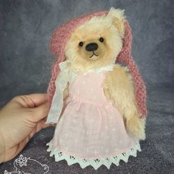 Mohair teddy bear in dress. Jointed bear toy. Handmade teddy bear. Artist bear.