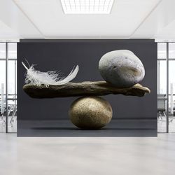 balance of stone and feather, stone and feather wall mural, balance wall paper, abstract wall decor,