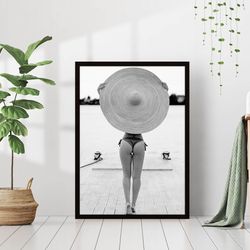 bikini beach girl sexy woman in hat fashion print black and white vintage retro stylish photo trendy wall art canvas can