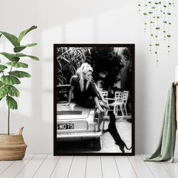 brigitte bardot with dog old car canvas black & white retro vintage classic iconic fashion photography canvas framed pri