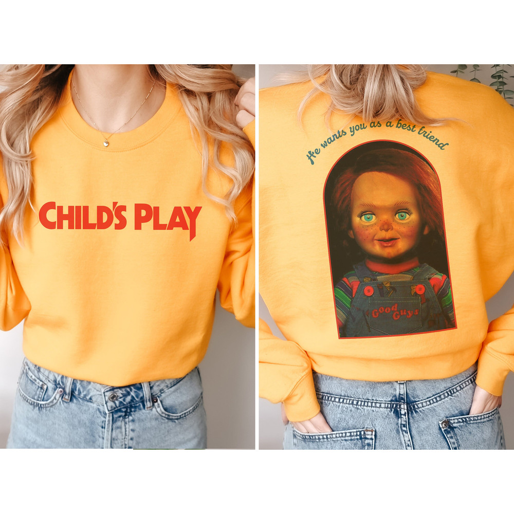 Chucky Doll Sweatshirt, Unisex Front & Back Child's Play Crewneck Sweatshirt, Vintage 80s Horror Movie Streetwear Apparel Memorabilia.jpg