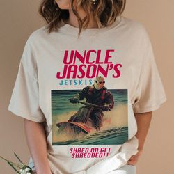 funny jason voorhees t-shirt, uncle jasons jetskis vintage ad t-shirt, 80s style jason voorhees funny horror movie poste