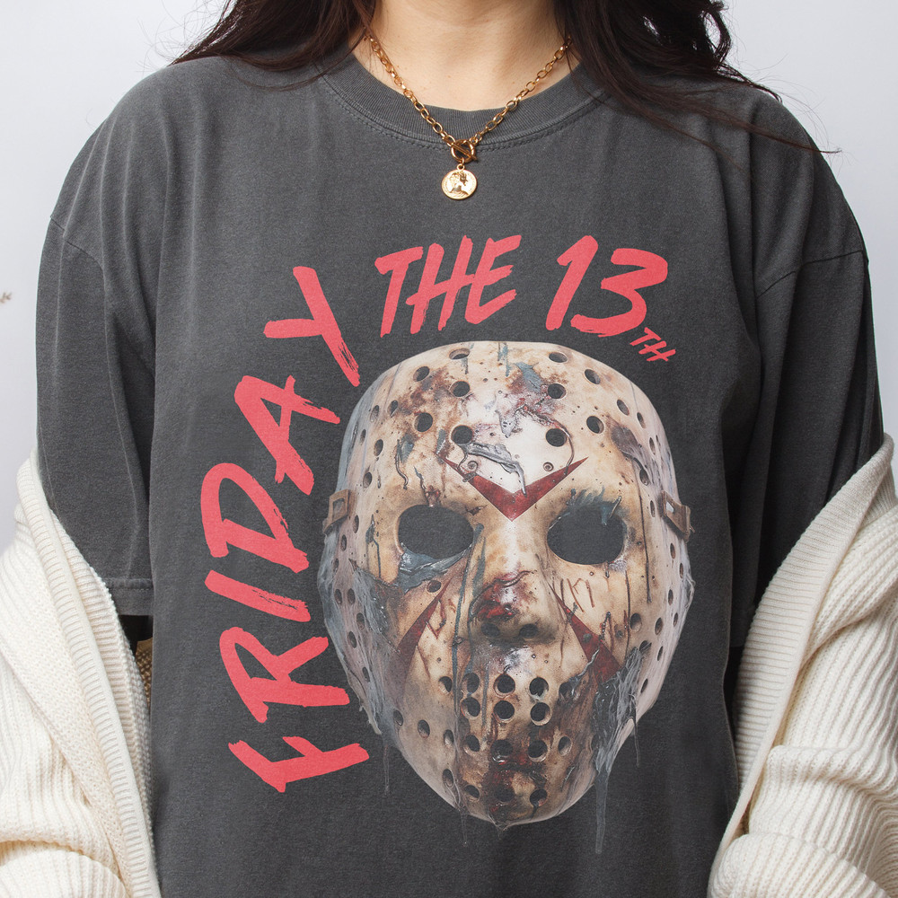 Retro Horror Movie T-Shirt, Unisex Friday the 13th Jason Voorhees Mask Logo Heavyweight Graphic Halloween Shirt, Horror Movie Gift.jpg