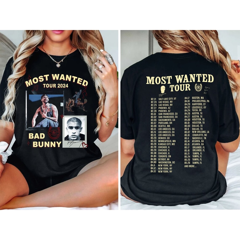 Bad Bunny Most Wanted Tour 2024 2 Sided Shirt, Bad Bunny Benito Album Shirt, Bad Bunny Merch, Bad Bunny Fan Outfit.jpg