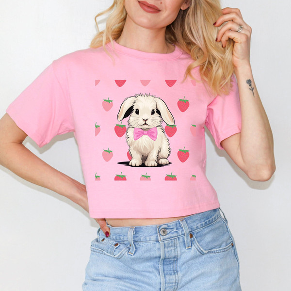 coquette bunny crop top, cottage core crop top, strawberry y2k coquette crop, coquette bunnie shirt. strawberry graphics tee gift for her.jpg