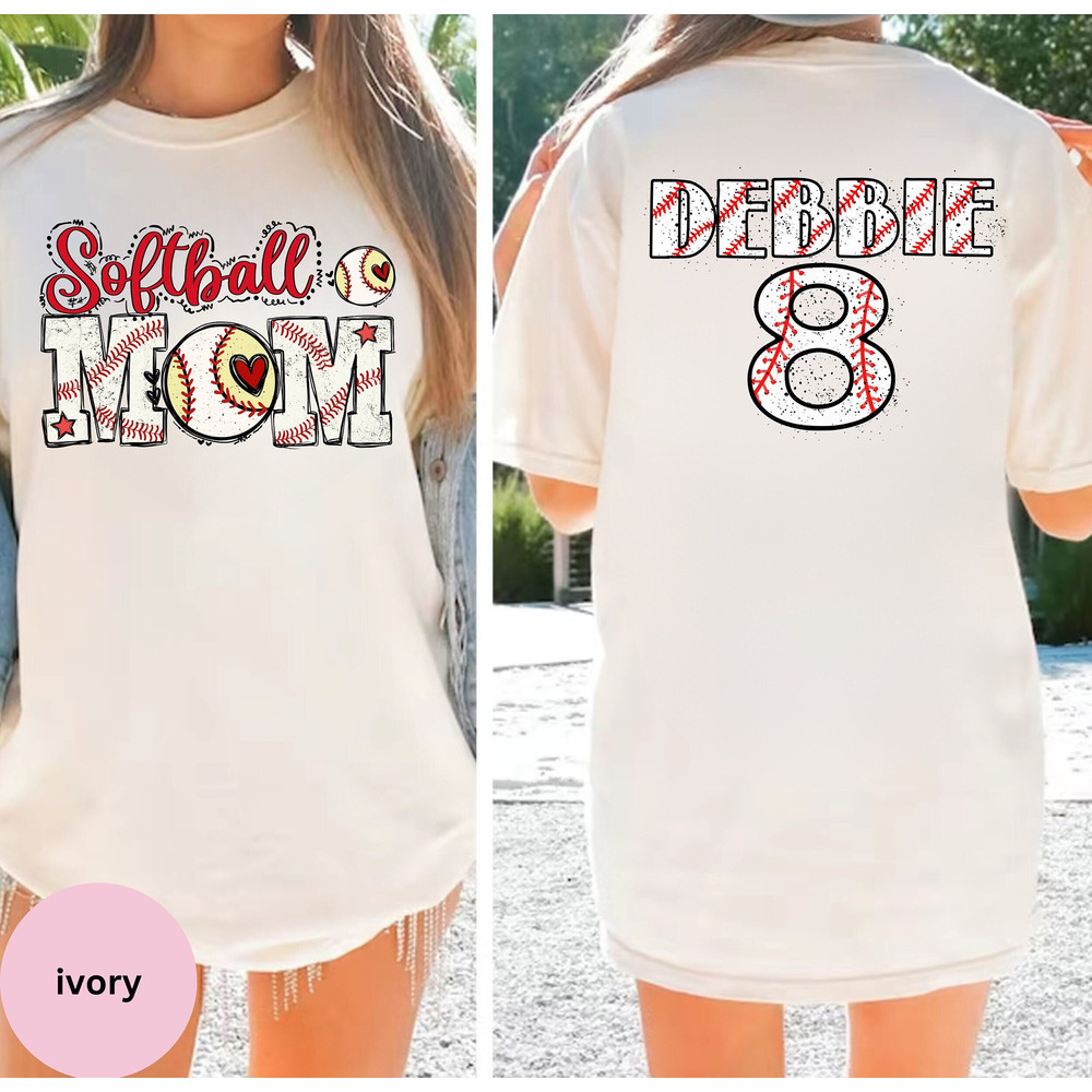 Custom Softball Mom Shirt with Kid's Name and Number, Game day softball season shirt for Mom, Youth Girl Personalized Mama softball Tee.jpg