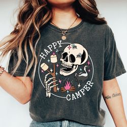 happy camper shirt, skeleton camping unisex graphic tee, fun