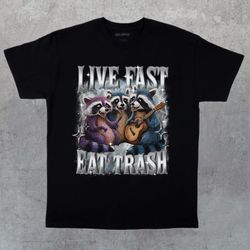 live fast eat trash graphic t-shirt, retro raccoon 90s bootl