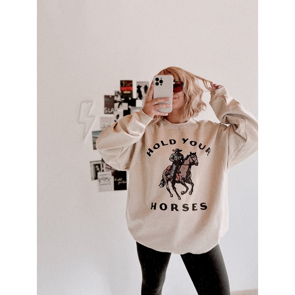 Hold Your Horses Crew, Western cowgirl trendy aesthetic Crewneck, vintage inspired retro sweatshirt.jpg