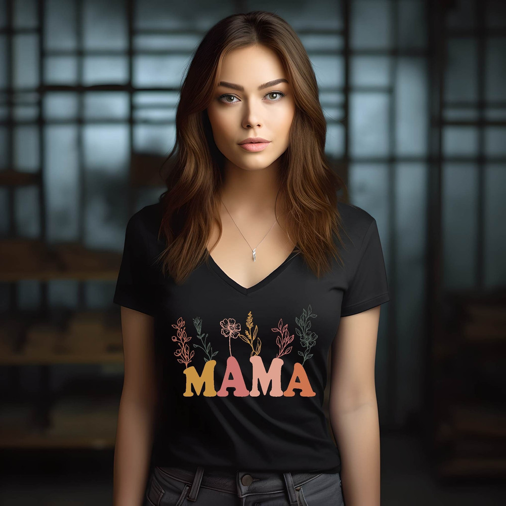 Mama V-neck Shirt, Wildflowers Mama Shirt, Retro Mom TShirt, Mother's Day Gift, Flower Shirts for Women, Floral New Mom Gift.jpg