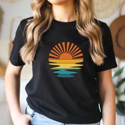 Sun Rays Shirt, Retro Sunset Rays Wavy Long Sleeve, Couple S
