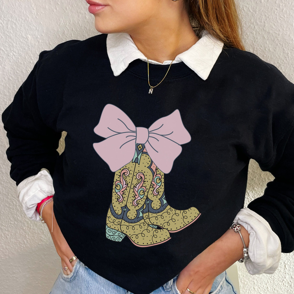 Preppy Cowgirl Boots Sweatshirt, Retro Western Girly Crewneck Pink Ribbon Bow Coquette Clothing Gifts Trending y2k Vanilla Girl Aesthetic.jpg