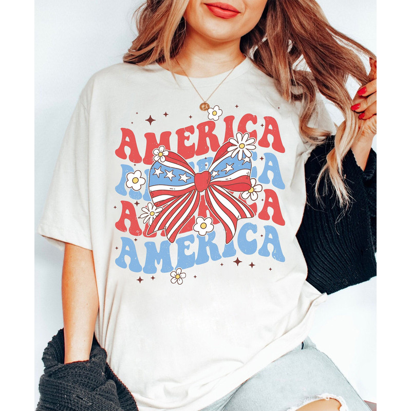 Retro Coquette American Flag 4th Of July Comfort Colors Shirt, Independence Day America Bow T-shirt, American Girl Coquette Bow Sweatshirt.jpg