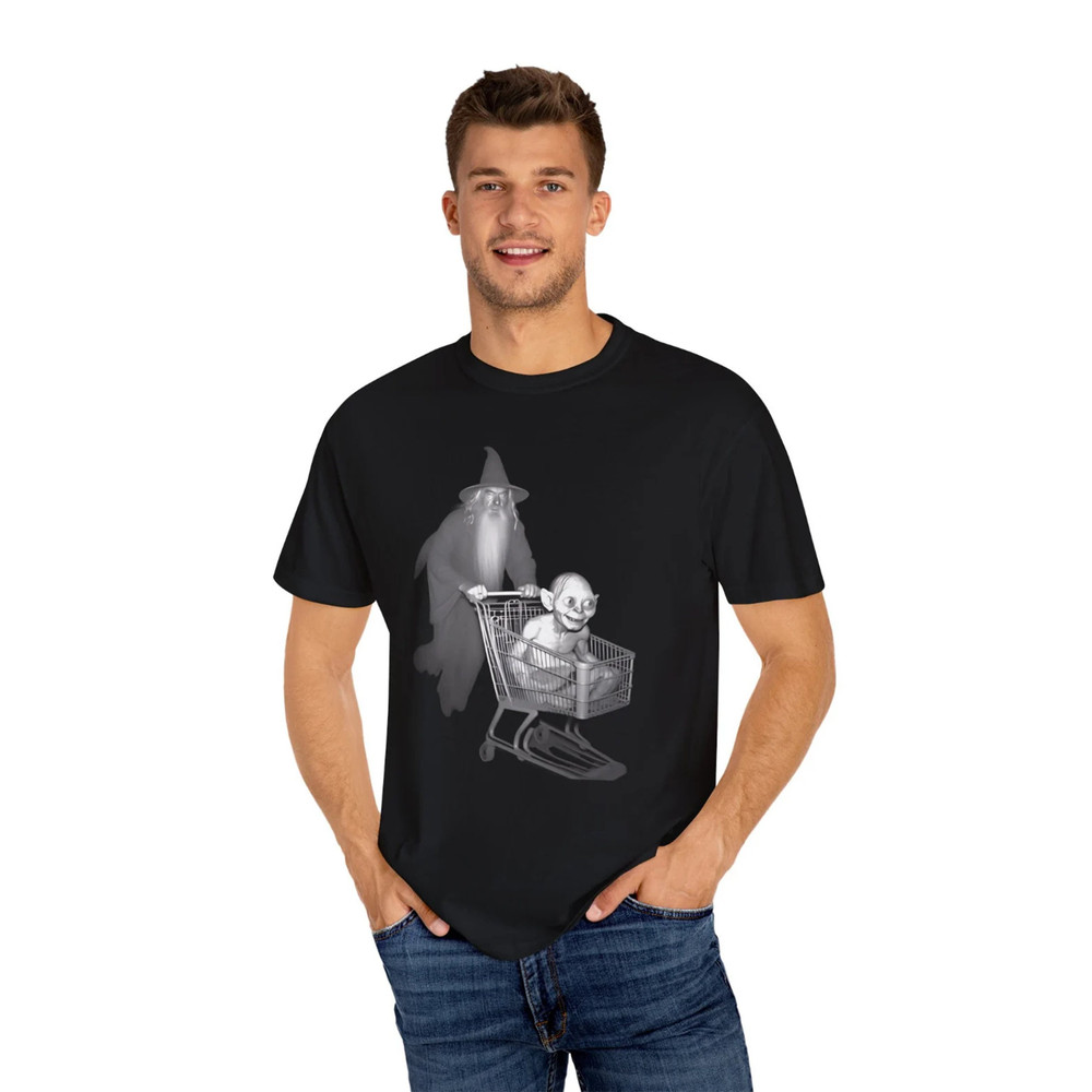 Gandalf Pushing Gollum in a Shopping Cart, Graphic Tee, Comfort Colors® LOTR Fan T shirt, Funny Meme, Trail Cam, Trending TShirt,.jpg