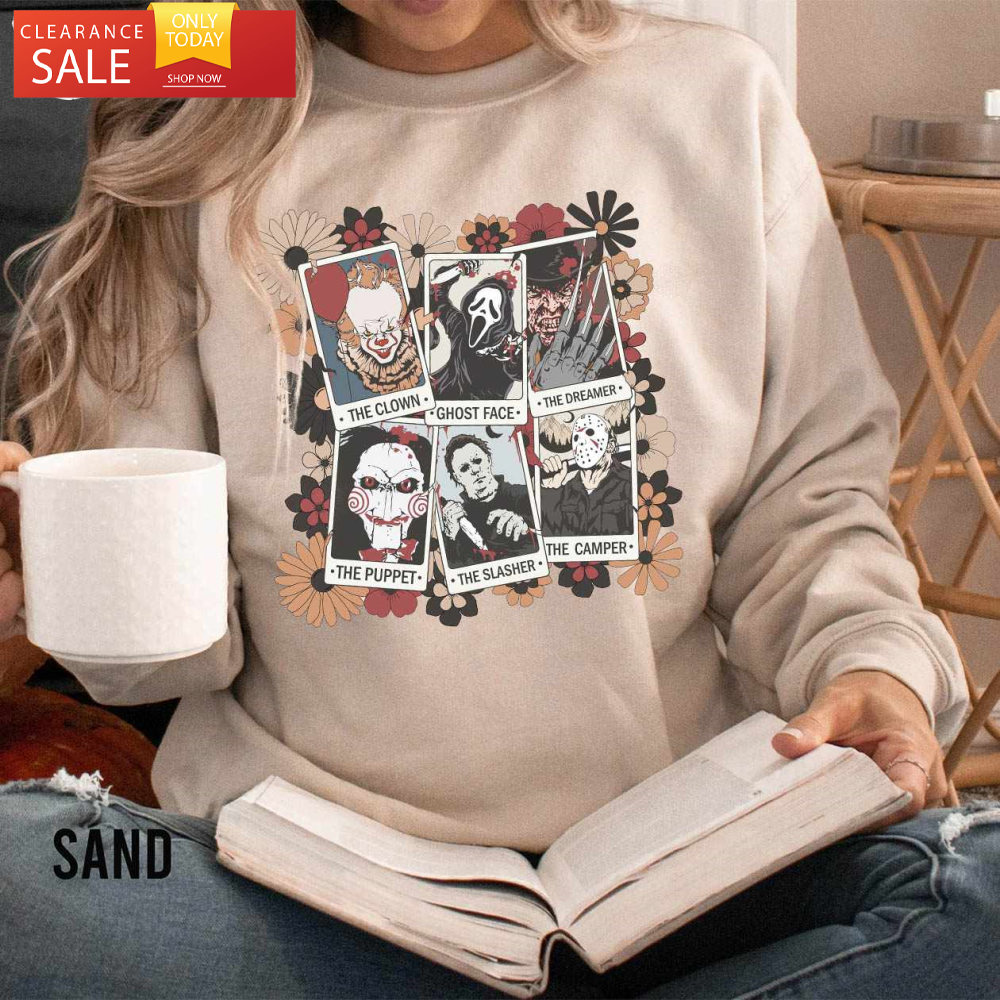 Retro Halloween Horror Movies Characters Floral Sweatshirt - Happy Place for Music Lovers.jpg