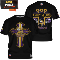 Minnesota Vikings God First Family Second Then Vikings TShirt, Minnesota Vikings Gifts For Dad  Best Personalized Gift