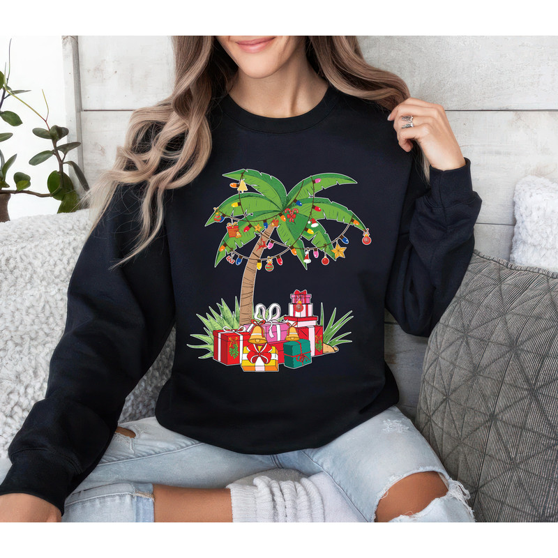 Tropical Christmas Sweatshirt, Beach Unisex Sweatshirt, Aloha Holiday Sweater, Florida Xmas Palm Tree Shirt, Hawaiian Christmas Family Shirt.jpg