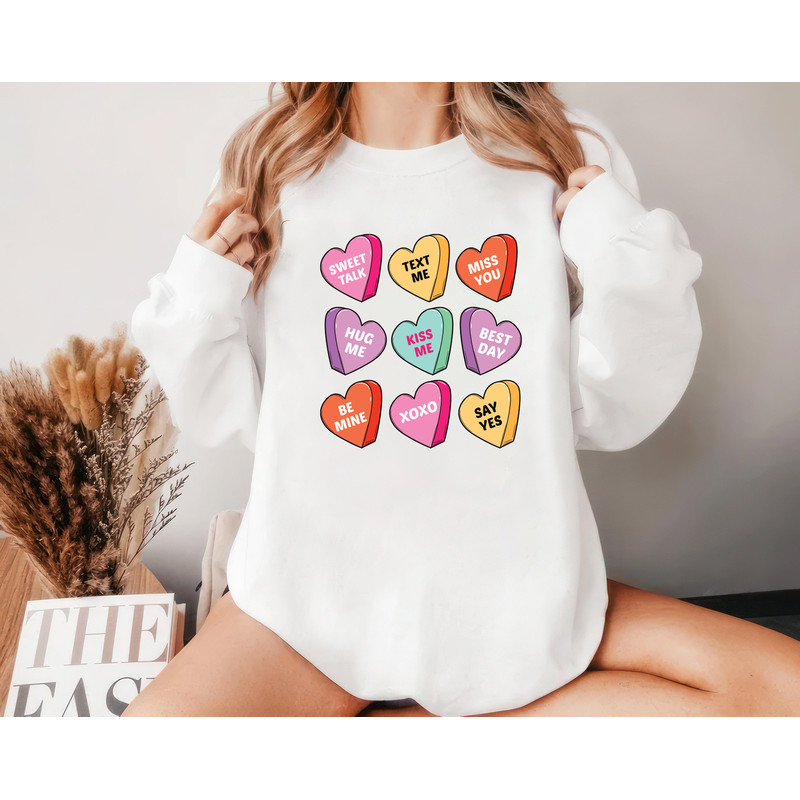 Valentines Day Sweatshirt, Conversation Hearts Unisex Sweatshirt, Love Heart Cute Sweatshirt, Conversation Sweater, Gift For Her, Girlfriend 1.jpg