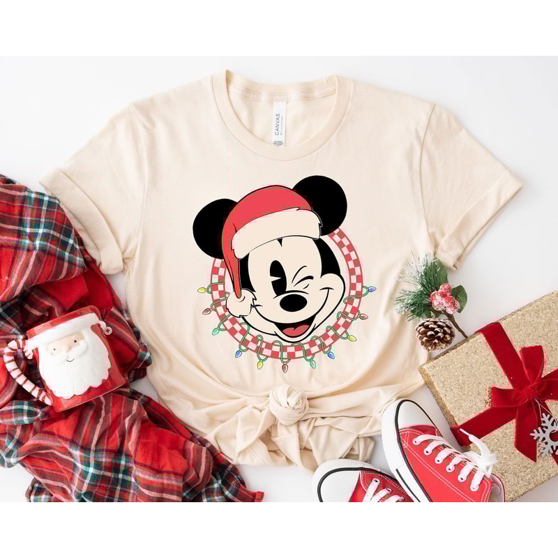 Classic Mickey Mouse Wear Santa Hat Checkered Christmas Light Merry Xmas Shirt Family Matching Walt Disney World Shirt Gift Ideas Men Women.jpg