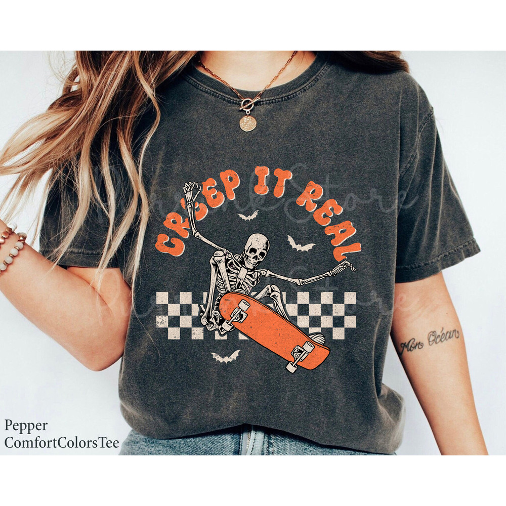 Creep it Real Skeleton Skateboard Retro Shirt Checkered Halloween Matching Family Shirt Great Gift Ideas Men Women.jpg