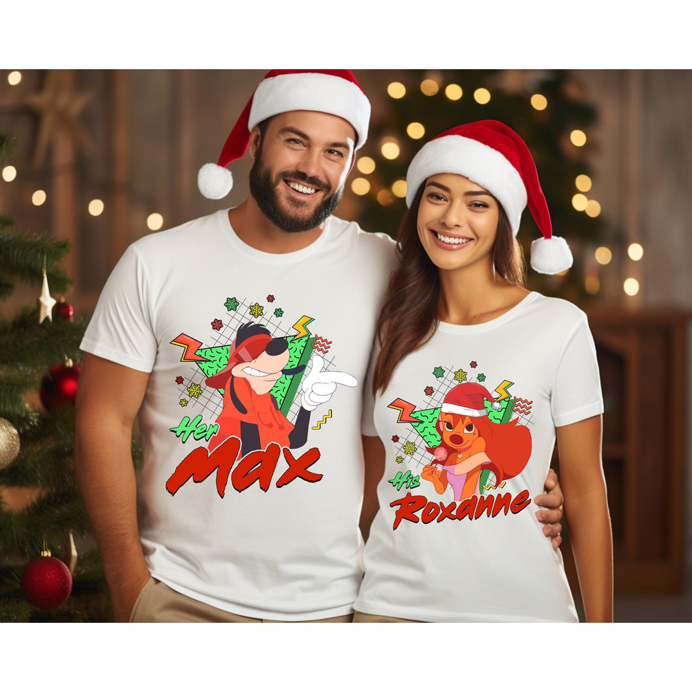 Custom Couple His Roxanne Her Max 90s Retro Merry Christmas Santa Hat Shirt Family Matching Walt Disney World Shirt Gift Ideas Men Women.jpg