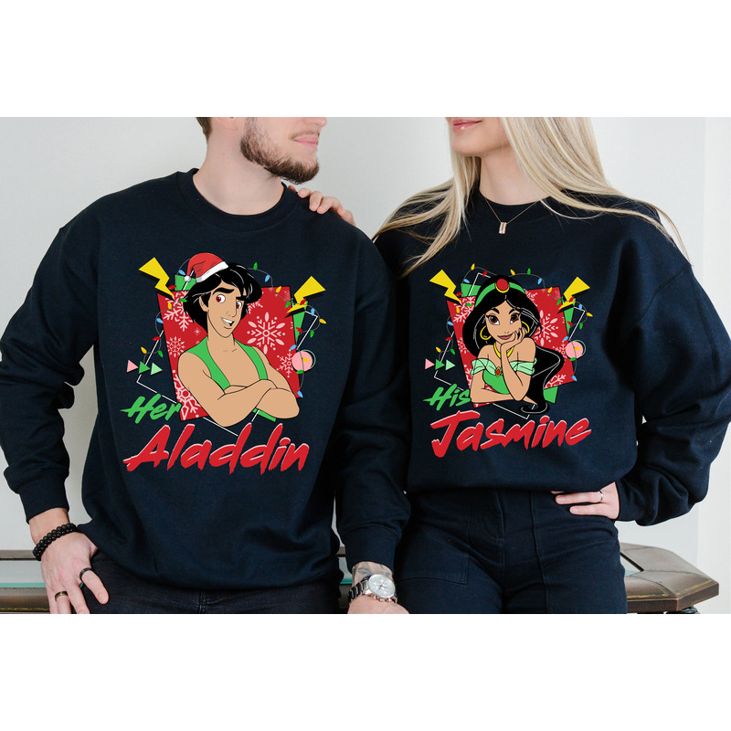 Custom Couple Xmas Her Aladdin His Jasmine 90s Retro Merry Christmas Shirt Family Matching Walt Disney World Shirt Gift Ideas Men Women.jpg